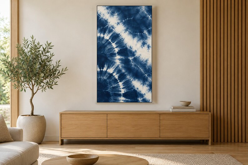 Indigo Shibori-färgmönster med ram för TV, japansk väggkonst, 4K digital nedladdning, 3 format bild 3