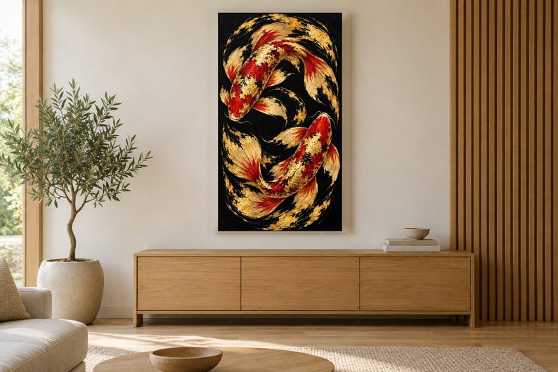 Schwarzer und goldener Koi von oben – TV-Kunstwerk, japanische Wandkunst, 4K-Digitaldownload, 3 Formate Bild 3