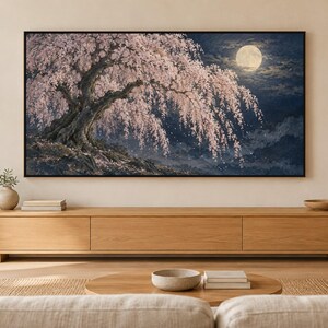 Quadro para TV com moldura de cerejeira chorona à noite e lua, arte de parede japonesa, download digital em 4K, 3 formatos. imagem 1