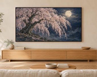 Weeping Cherry at Night with Moon Frame TV Art, Japanese Wall Art, 4K Digital Download, 3 Formats