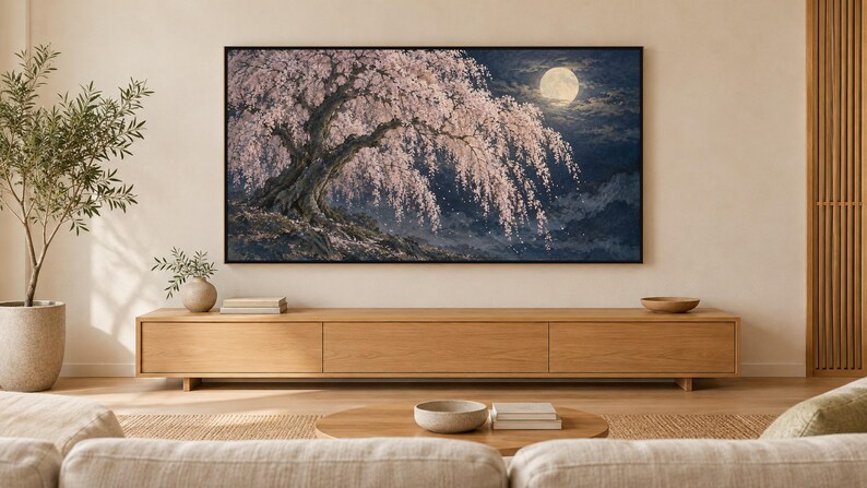 Quadro para TV com moldura de cerejeira chorona à noite e lua, arte de parede japonesa, download digital em 4K, 3 formatos. imagem 1