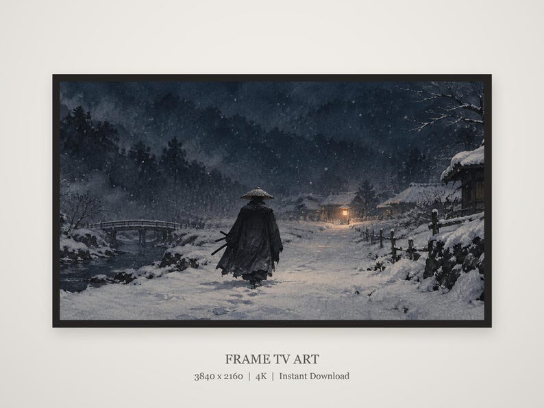 Samurai Snow Night Art, Japanese Winter Scene, 4K Digital Download (3 Formats) image 5