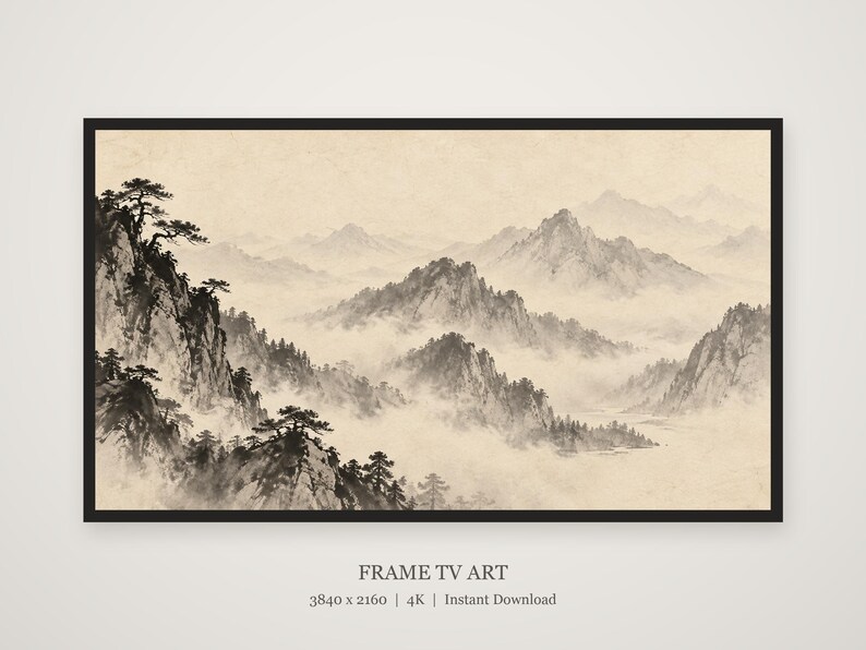 Cuadro decorativo de paisaje de montaña brumosa con tinta, arte mural zen japonés, descarga digital 4K, 3 formatos. imagen 4