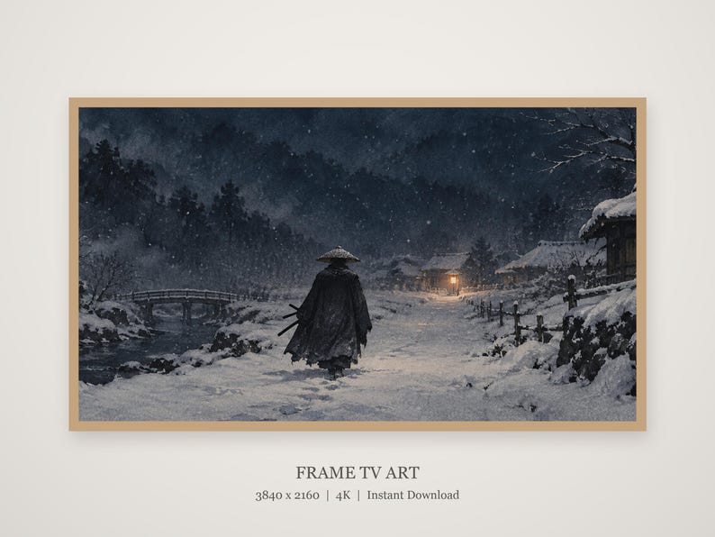 Samurai Snow Night Art, Japanese Winter Scene, 4K Digital Download (3 Formats) image 4