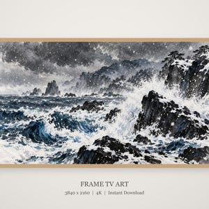 Onde invernali su rocce nere, opera d'arte giapponese a inchiostro sumi (download digitale 4K) immagine 4