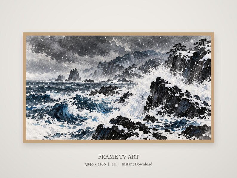Onde invernali su rocce nere, opera d'arte giapponese a inchiostro sumi (download digitale 4K) immagine 4