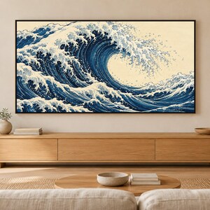 Arte para televisión Indigo Wave, estilo grabado japonés en madera, descarga digital 4K. imagen 1
