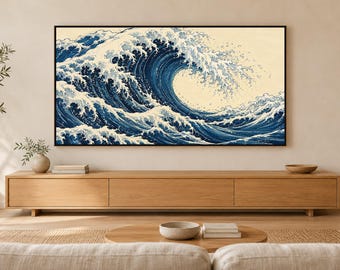 Indigo Wave TV Art, Japanese Woodblock Style, 4K Digital Download