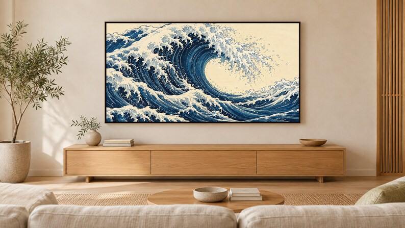Arte para televisión Indigo Wave, estilo grabado japonés en madera, descarga digital 4K. imagen 1