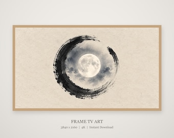 Enso Moon Night Ink Frame TV Art, Japandi Zen Wall Art, 4K Digital Download, 3 Formats
