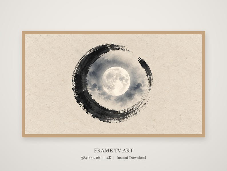 Enso Maan Nacht Inktlijst TV Kunst, Japandi Zen Muurkunst, 4K Digitale Download, 3 Formaten afbeelding 1