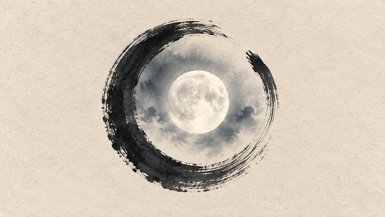 Enso Maan Nacht Inktlijst TV Kunst, Japandi Zen Muurkunst, 4K Digitale Download, 3 Formaten afbeelding 5
