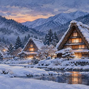 Cuadro decorativo nocturno con imagen de un pueblo nevado con techo de paja, arte mural japonés, descarga digital 4K, 3 formatos. imagen 6