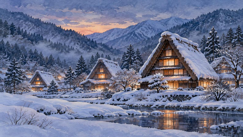 Cuadro decorativo nocturno con imagen de un pueblo nevado con techo de paja, arte mural japonés, descarga digital 4K, 3 formatos. imagen 6
