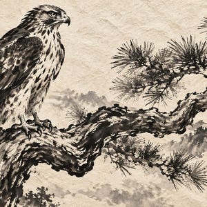 Hawk on a Pine Branch Frame TV Art, Japanese Wall Art, 4K Digital Download, 3 Formats image 6