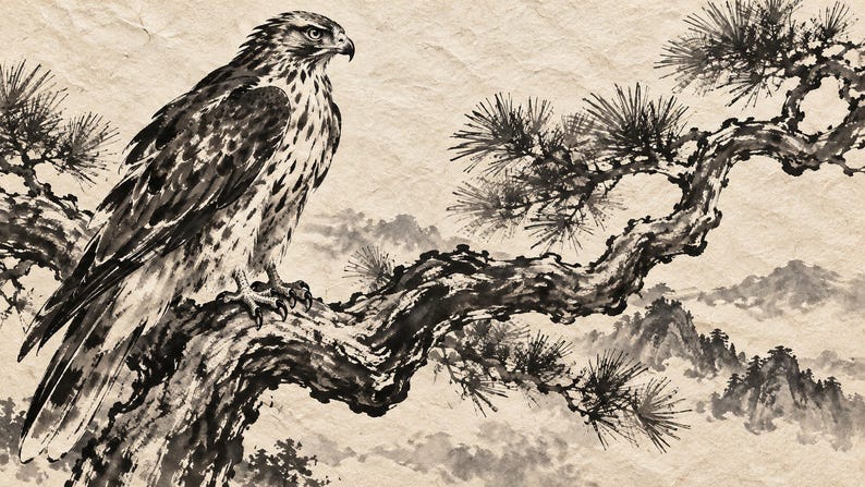 Hawk on a Pine Branch Frame TV Art, Japanese Wall Art, 4K Digital Download, 3 Formats image 6