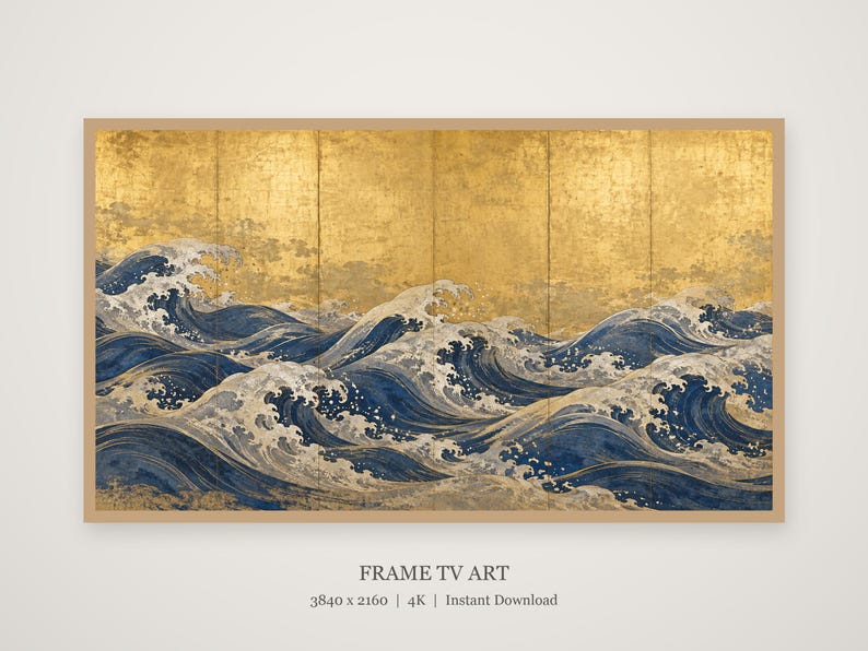 Quadro TV con onde giapponesi su foglia d'oro, download digitale 4K (3 formati) immagine 4
