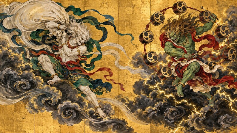 Lijst met afbeeldingen van de windgod en de dondergod voor tv-decoratie, Japanse muurdecoratie, 4K digitale download, 3 formaten afbeelding 5