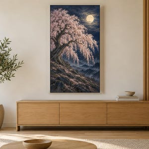 Quadro para TV com moldura de cerejeira chorona à noite e lua, arte de parede japonesa, download digital em 4K, 3 formatos. imagem 3