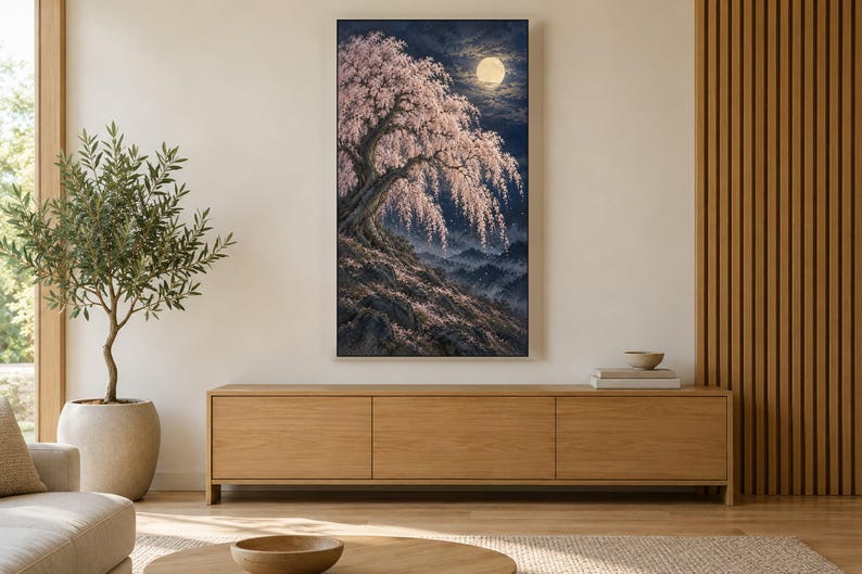 Quadro para TV com moldura de cerejeira chorona à noite e lua, arte de parede japonesa, download digital em 4K, 3 formatos. imagem 3