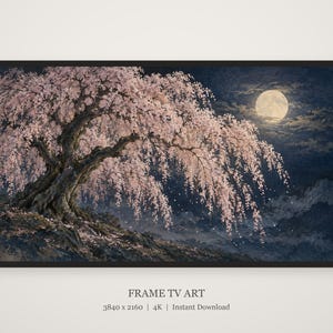 Quadro para TV com moldura de cerejeira chorona à noite e lua, arte de parede japonesa, download digital em 4K, 3 formatos. imagem 5