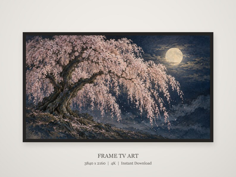 Quadro para TV com moldura de cerejeira chorona à noite e lua, arte de parede japonesa, download digital em 4K, 3 formatos. imagem 5