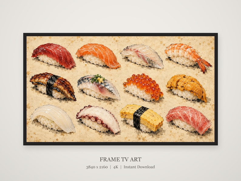 Sushi Field Guide Chart Vintage Frame TV Art, Japanese Wall Art, 4K Digital Download, 3 Formats image 5