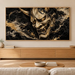 Hannya Mask Ink and Gold Frame TV Art, Japanese Wall Art, 4K Digital Download, 3 Formats image 1