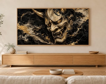 Hannya Mask Ink and Gold Frame TV Art, Japanese Wall Art, 4K Digital Download, 3 Formats