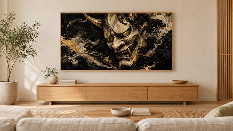 Hannya Mask Ink and Gold Frame TV Art, Japanese Wall Art, 4K Digital Download, 3 Formats image 1