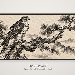 Hawk on a Pine Branch Frame TV Art, Japanese Wall Art, 4K Digital Download, 3 Formats image 5