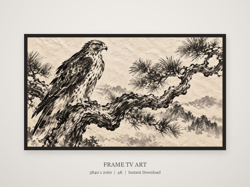 Hawk on a Pine Branch Frame TV Art, Japanese Wall Art, 4K Digital Download, 3 Formats image 5