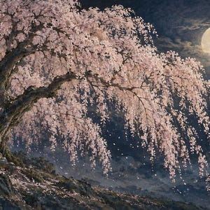 Quadro para TV com moldura de cerejeira chorona à noite e lua, arte de parede japonesa, download digital em 4K, 3 formatos. imagem 6