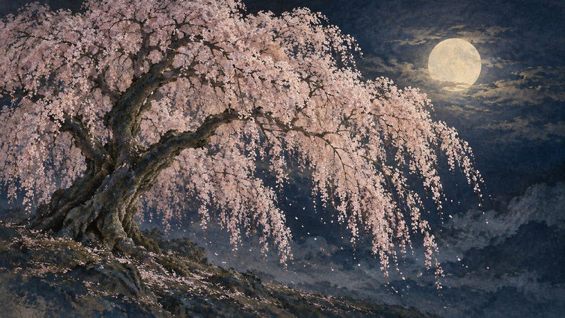 Quadro para TV com moldura de cerejeira chorona à noite e lua, arte de parede japonesa, download digital em 4K, 3 formatos. imagem 6