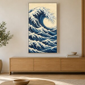 Arte para televisión Indigo Wave, estilo grabado japonés en madera, descarga digital 4K. imagen 3