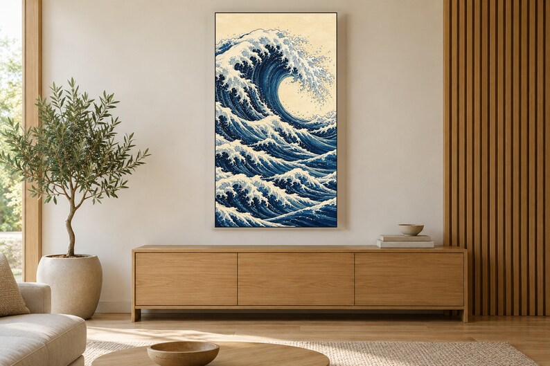 Arte para televisión Indigo Wave, estilo grabado japonés en madera, descarga digital 4K. imagen 3