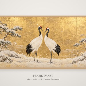 Een paar roodkroon-kraanvogels in een sneeuwlijst, tv-kunst, Japanse muurdecoratie, 4K digitale download, 3 formaten afbeelding 4