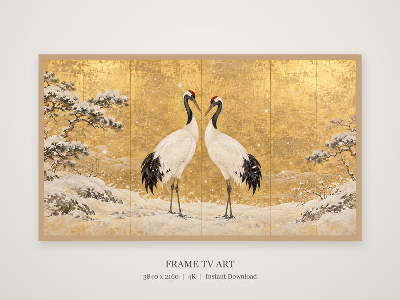 Een paar roodkroon-kraanvogels in een sneeuwlijst, tv-kunst, Japanse muurdecoratie, 4K digitale download, 3 formaten afbeelding 4