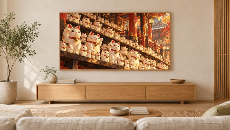 Lucky Cats Row Maneki Neko Frame TV Art, Japanese Wall Art, 4K Digital Download, 3 Formats image 1