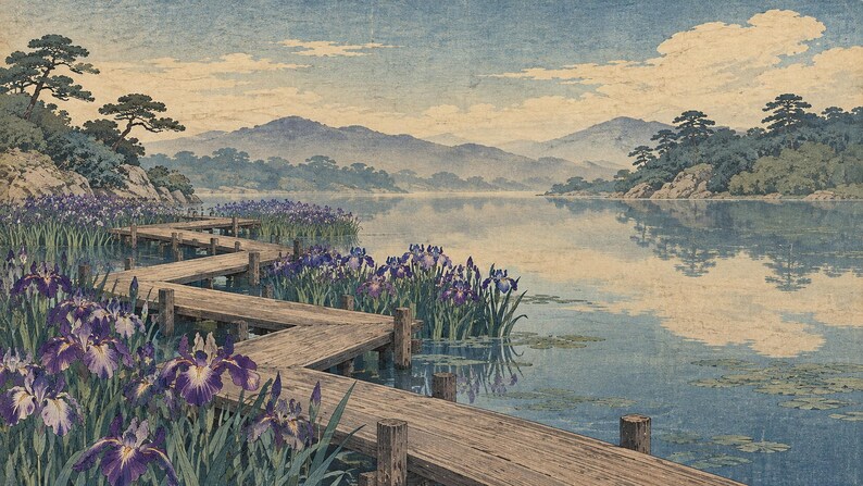 Cuadro decorativo de TV con marco de madera estilo jardín de lirios vintage, decoración de pared japonesa, descarga digital 4K (3 formatos) imagen 6