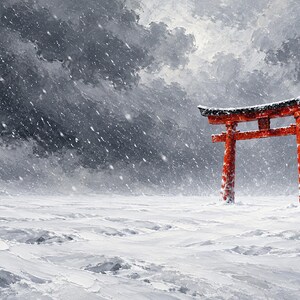Puerta Torii Roja en Marco de Nieve, Arte para TV, Arte Mural Japonés, Descarga Digital 4K, 3 Formatos imagen 6