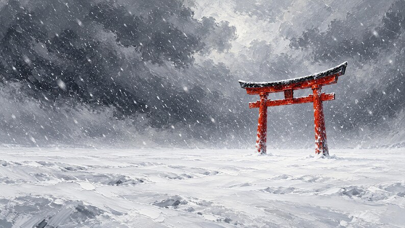 Puerta Torii Roja en Marco de Nieve, Arte para TV, Arte Mural Japonés, Descarga Digital 4K, 3 Formatos imagen 6