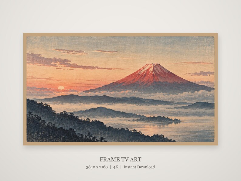 Red Fuji at Dawn Woodblock Style Frame TV Art, Japanese Wall Art, 4K Digital Download, 3 Formats image 4