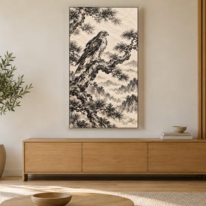 Hawk on a Pine Branch Frame TV Art, Japanese Wall Art, 4K Digital Download, 3 Formats image 3