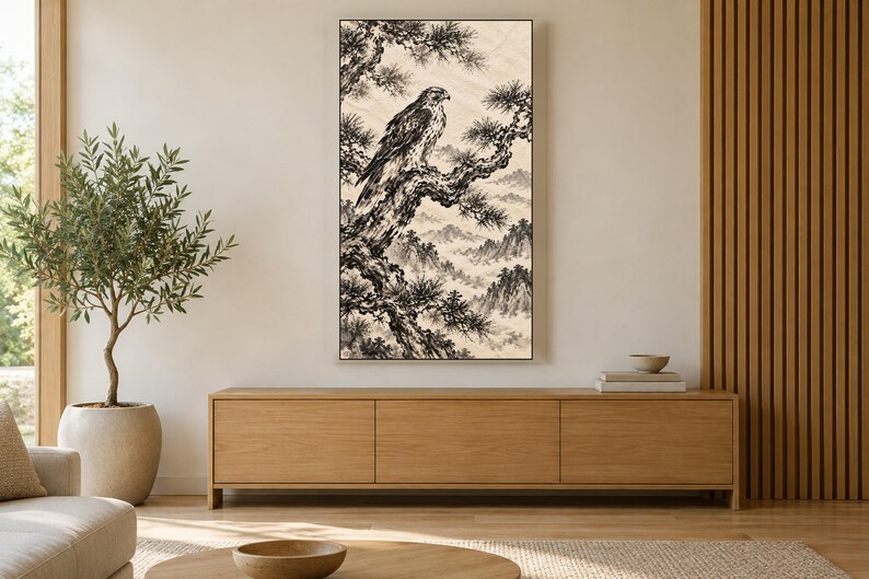 Hawk on a Pine Branch Frame TV Art, Japanese Wall Art, 4K Digital Download, 3 Formats image 3