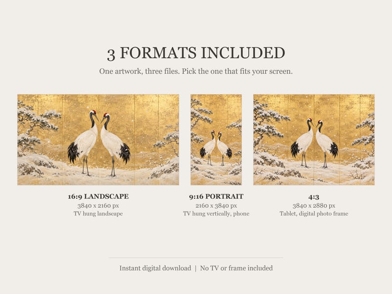 Een paar roodkroon-kraanvogels in een sneeuwlijst, tv-kunst, Japanse muurdecoratie, 4K digitale download, 3 formaten afbeelding 2