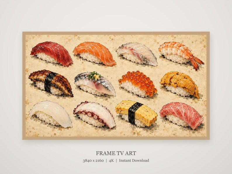 Sushi Field Guide Chart Vintage Frame TV Art, Japanese Wall Art, 4K Digital Download, 3 Formats image 4