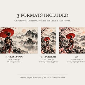 Geisha met paraplu van achteren gezien, ingelijste tv-kunst, Japanse muurdecoratie, 4K digitale download, 3 formaten afbeelding 2