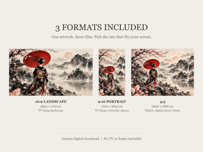 Geisha met paraplu van achteren gezien, ingelijste tv-kunst, Japanse muurdecoratie, 4K digitale download, 3 formaten afbeelding 2