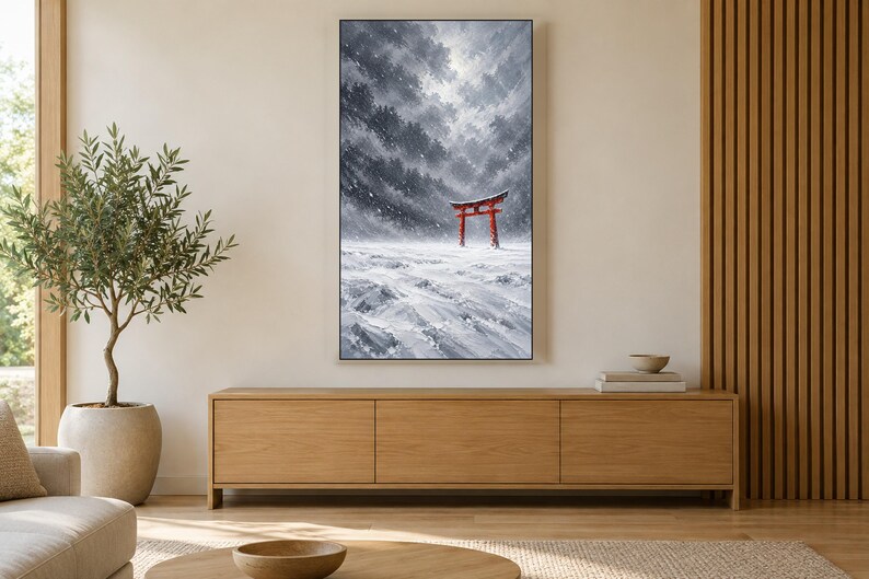 Puerta Torii Roja en Marco de Nieve, Arte para TV, Arte Mural Japonés, Descarga Digital 4K, 3 Formatos imagen 3